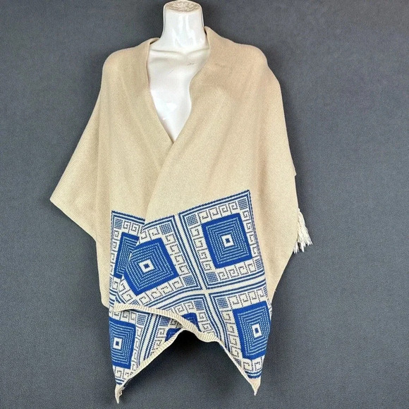 Mia Maddison Cardigan Sweater Shawl Poncho Rayon BeigeDiamond Geometric Fringe O - Picture 2 of 16